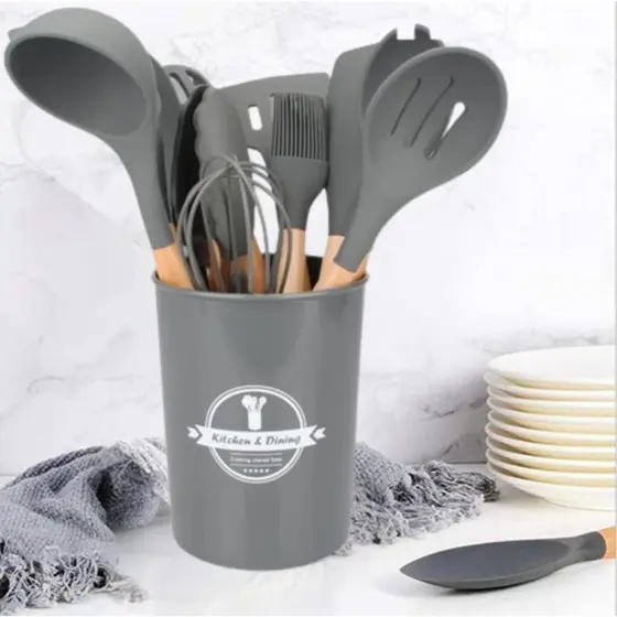 Kit Utensílios de Cozinha 12Pçs - Silicone e Cabo de Madeira