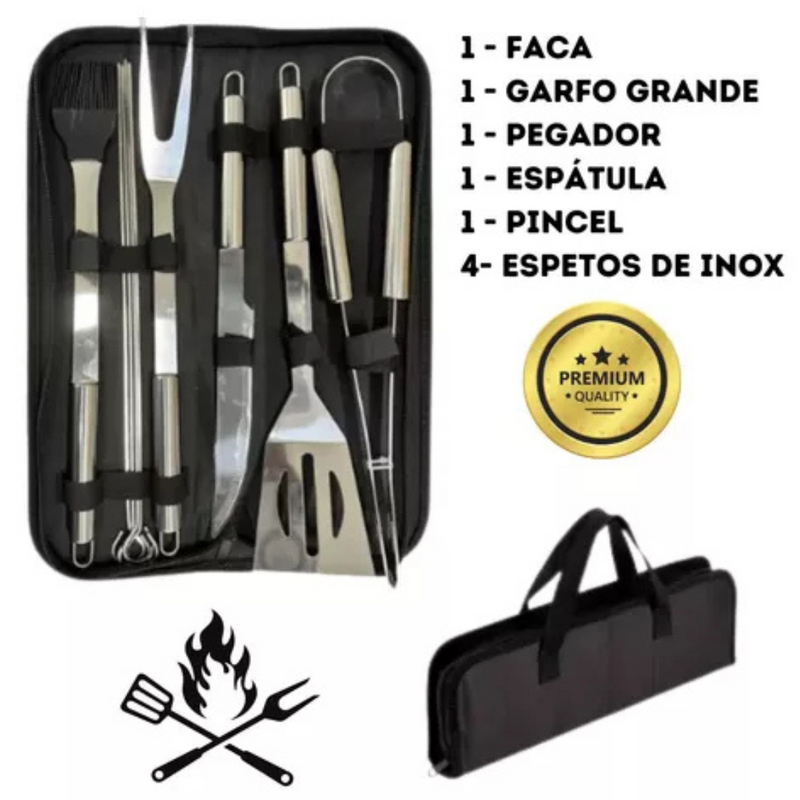 Kit Churrasco De Luxo 9 Peças Inox Profissional C/ Maleta