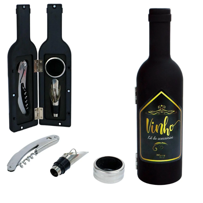 Kit Abridor Saca Rolhas Tampa Dosador Vinho Luxo em Forma de Garrafa